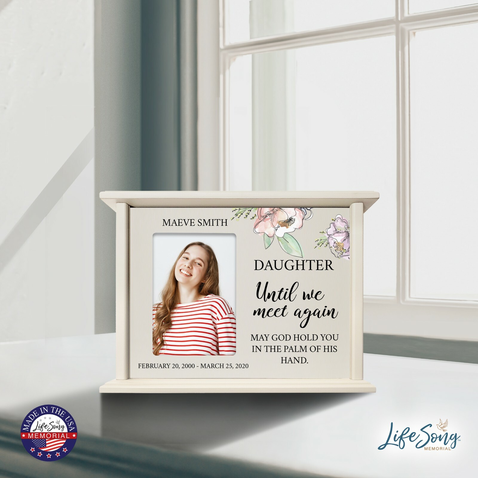 Custom Cremation Urn Box Holds 200 cu in w/ 4×6 Photo – Until We Meet (Daughter)