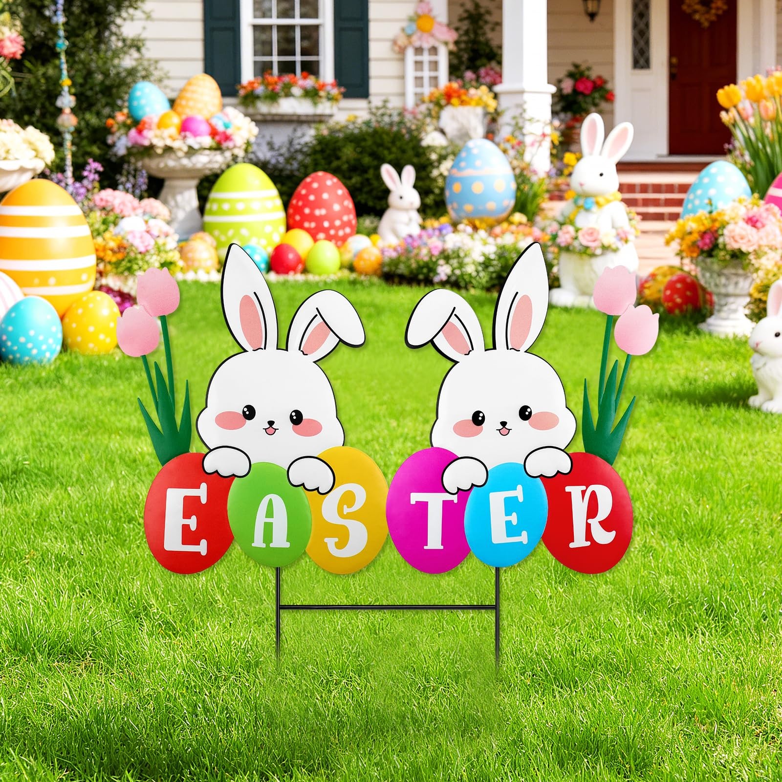 27.1inch Easter Larger Bunny Sign Yard Decoration Metal Easter Bunny Garden S…