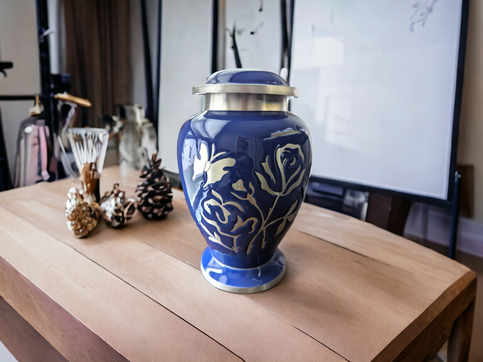 Blue Urn with Butterly & Rose Engraving, Artfully Handcrafted Aluminum