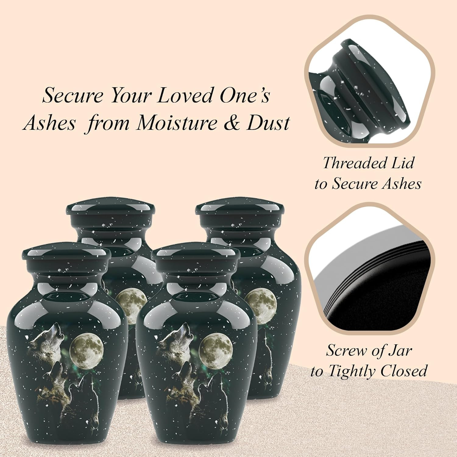 Forever URNS Mini Cremation Funeral Urn with Classic 3 Wolfes Pictured Theme for