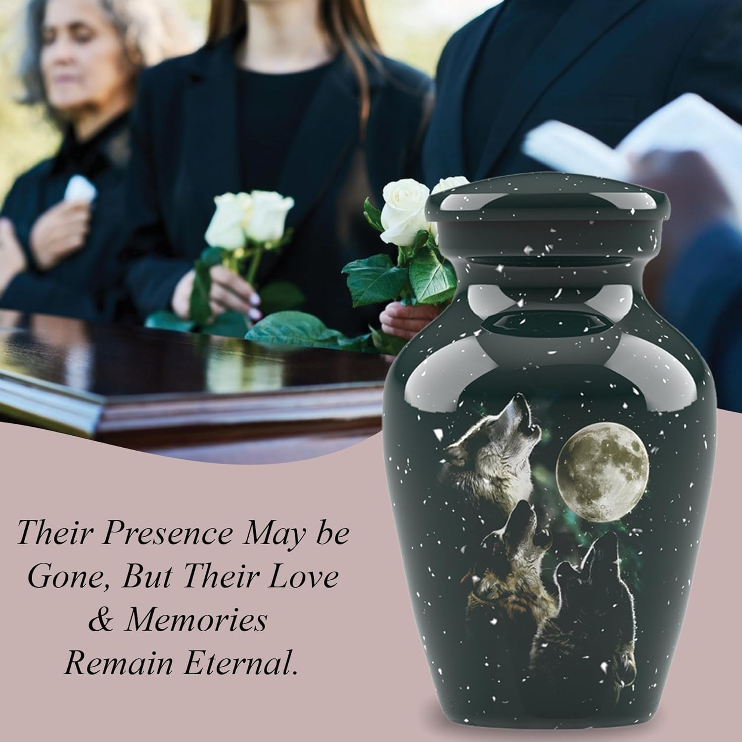 Forever URNS Mini Cremation Funeral Urn with Classic 3 Wolfes Pictured Theme for