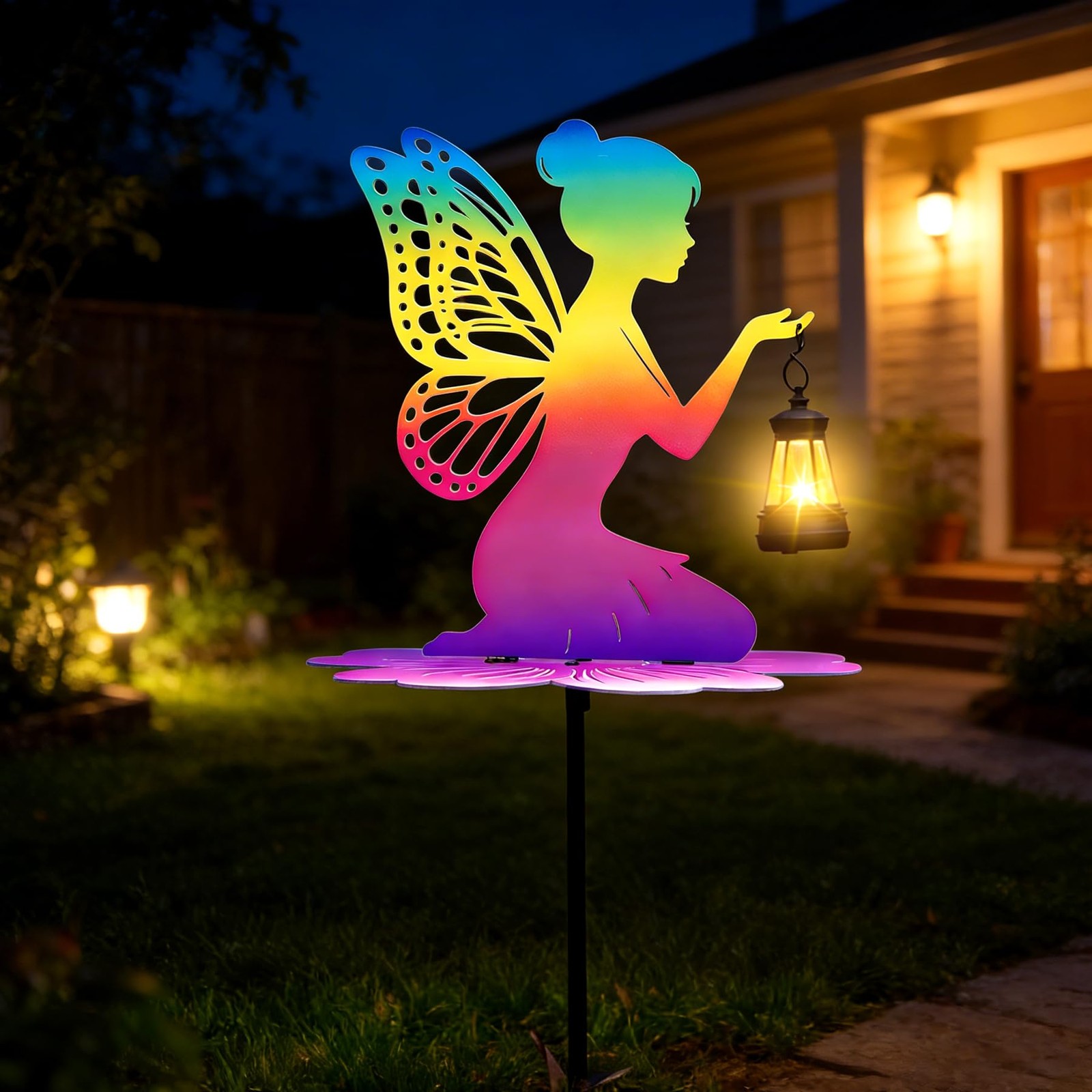 Iridescent Solar Fairy Garden Stake 21″ LED Lantern for Outdoor Decor