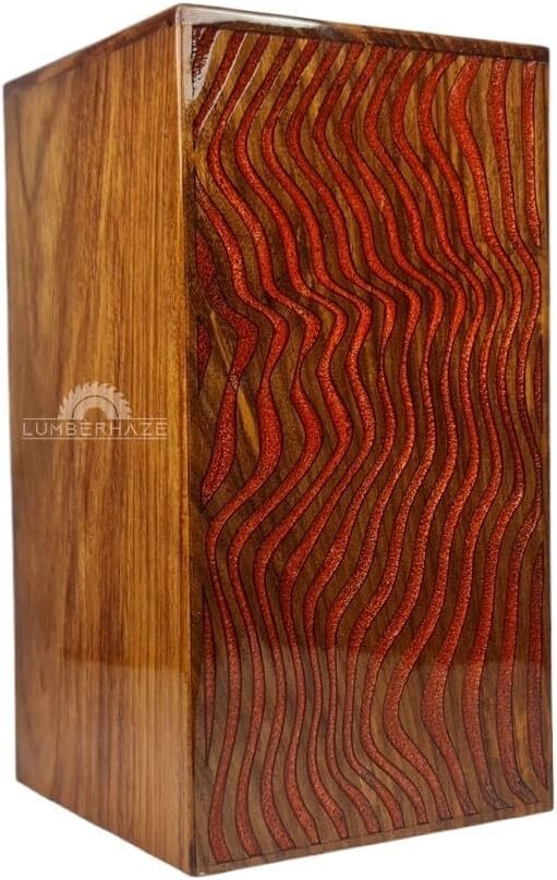 Handmade Rosewood & Resin Carved Wooden Urn for Human Ashes 250cu Adult Red Fire