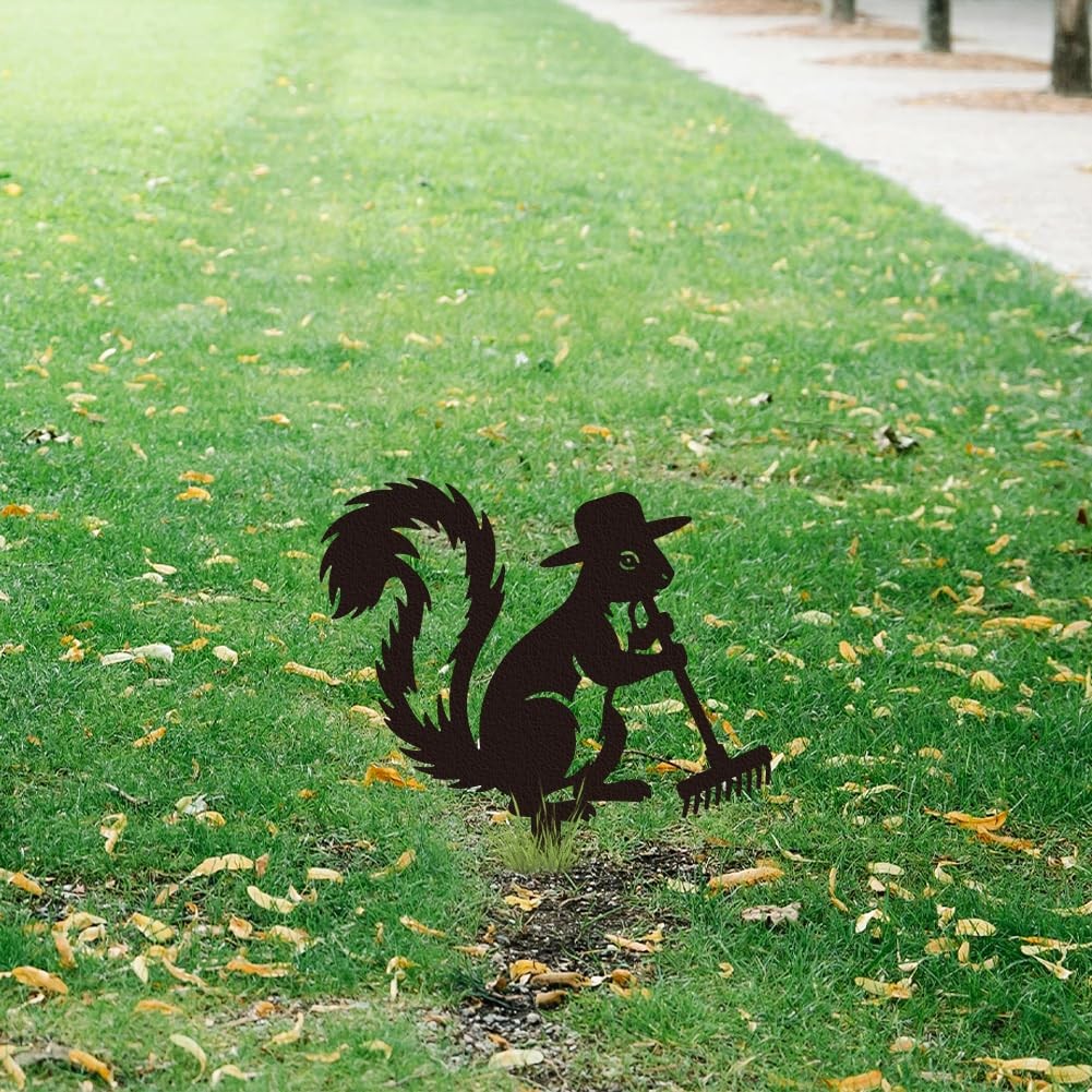 Squirrel Gardener Metal Decorative Garden Stakes, Black Squirrel Outdoor Stat…