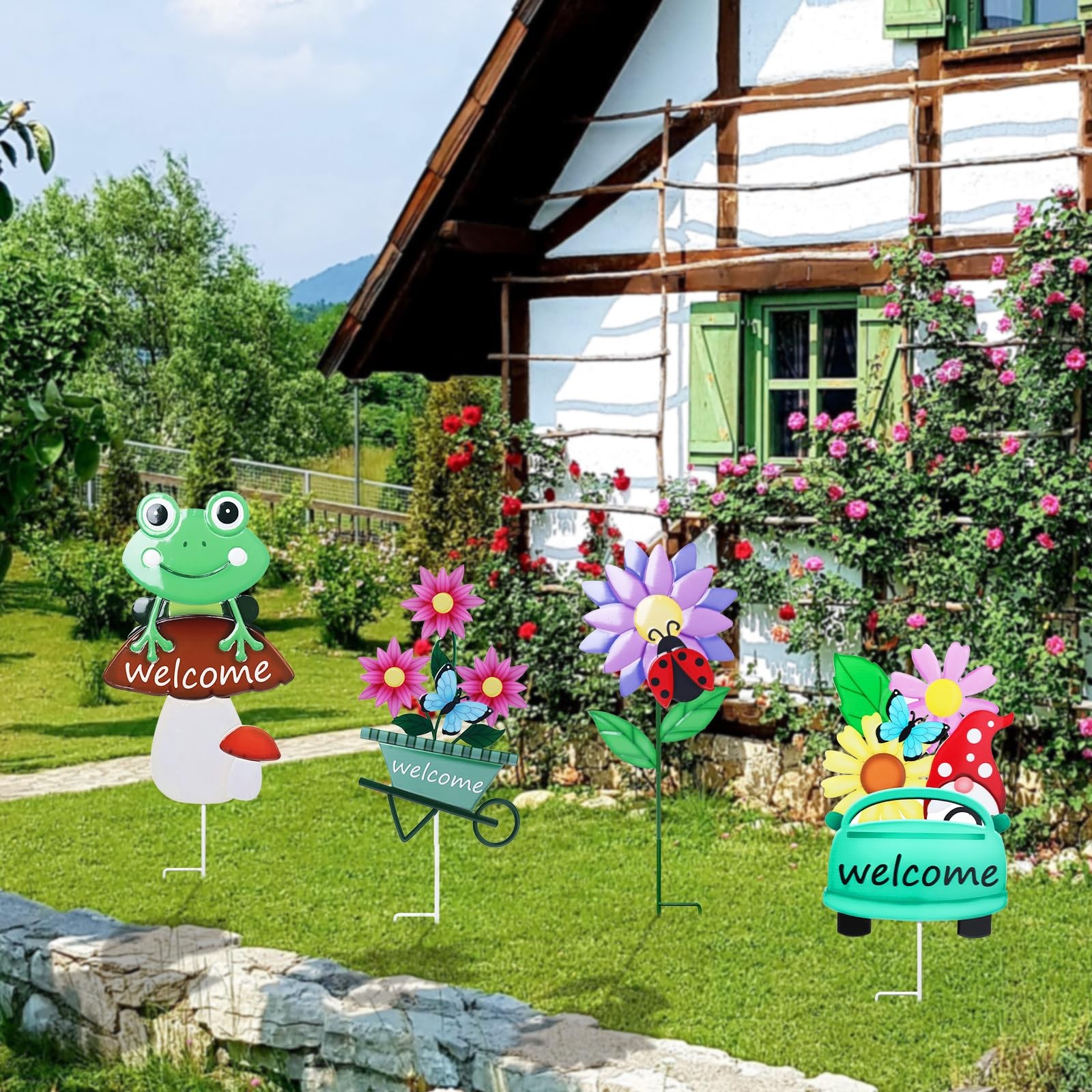 Decorative Garden Stakes Set – 4 Metal Yard Signs for Spring Outdoor Decor