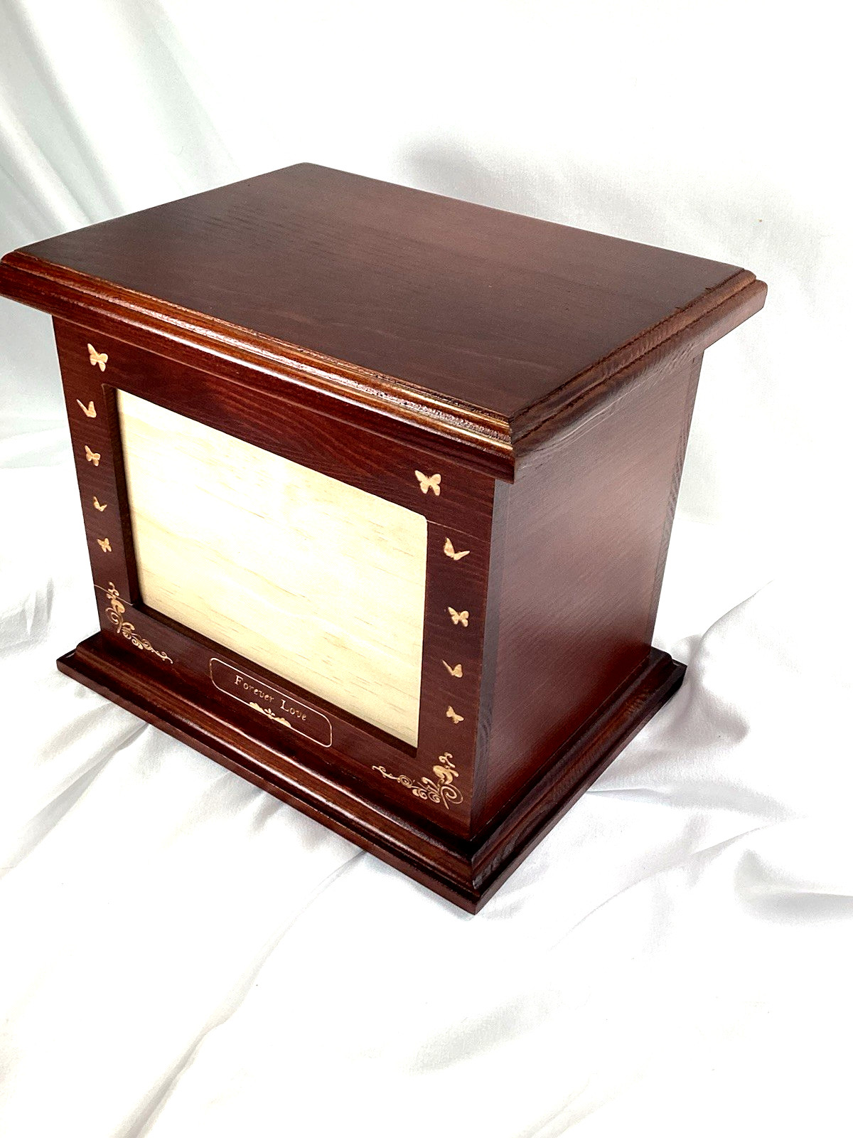 Wood Urn W/ Butterflies, Forever Love, With Picture Frame, For Adults up to 200