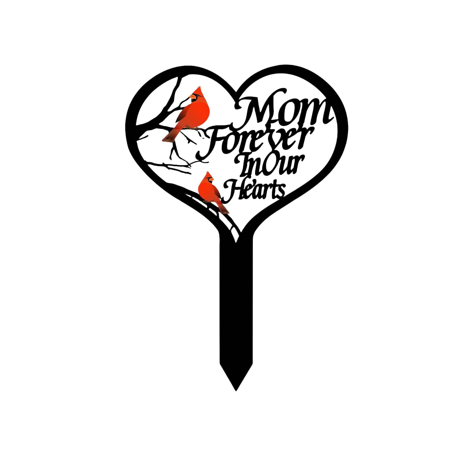 Metal Heart Grave Marker with Red Cardinals Memorial Plaque for Cemetery Decor