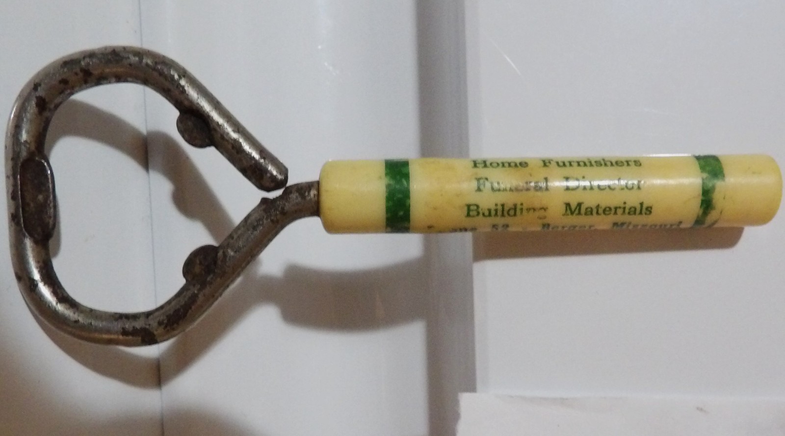 1930’s BERGER MISSOURI PHONE 52 BLUMER FUNERAL HOME BEER BOTTLE OPENER