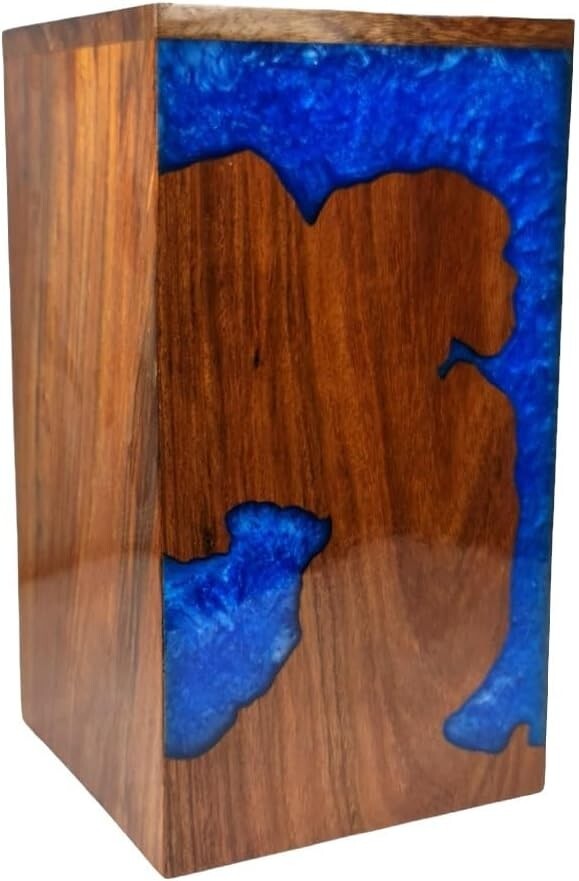 Handmade Rosewood & Resin Carved Wooden Urn for Human Ashes 250cu” Adult – Blue