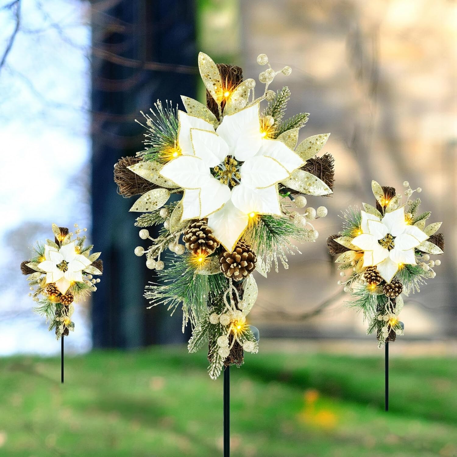 Solar Lighted Golden Cross Stake Gravesite Marker Cemetery Tombstone Decoration