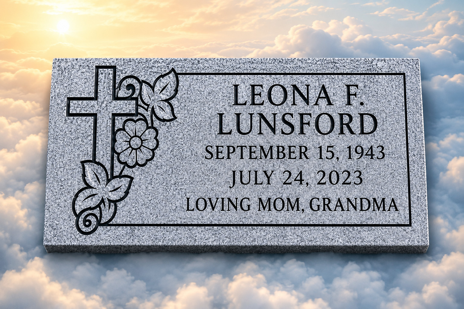 Gray Granite Grave Marker Cross Floral Memorial Personalized Headstone