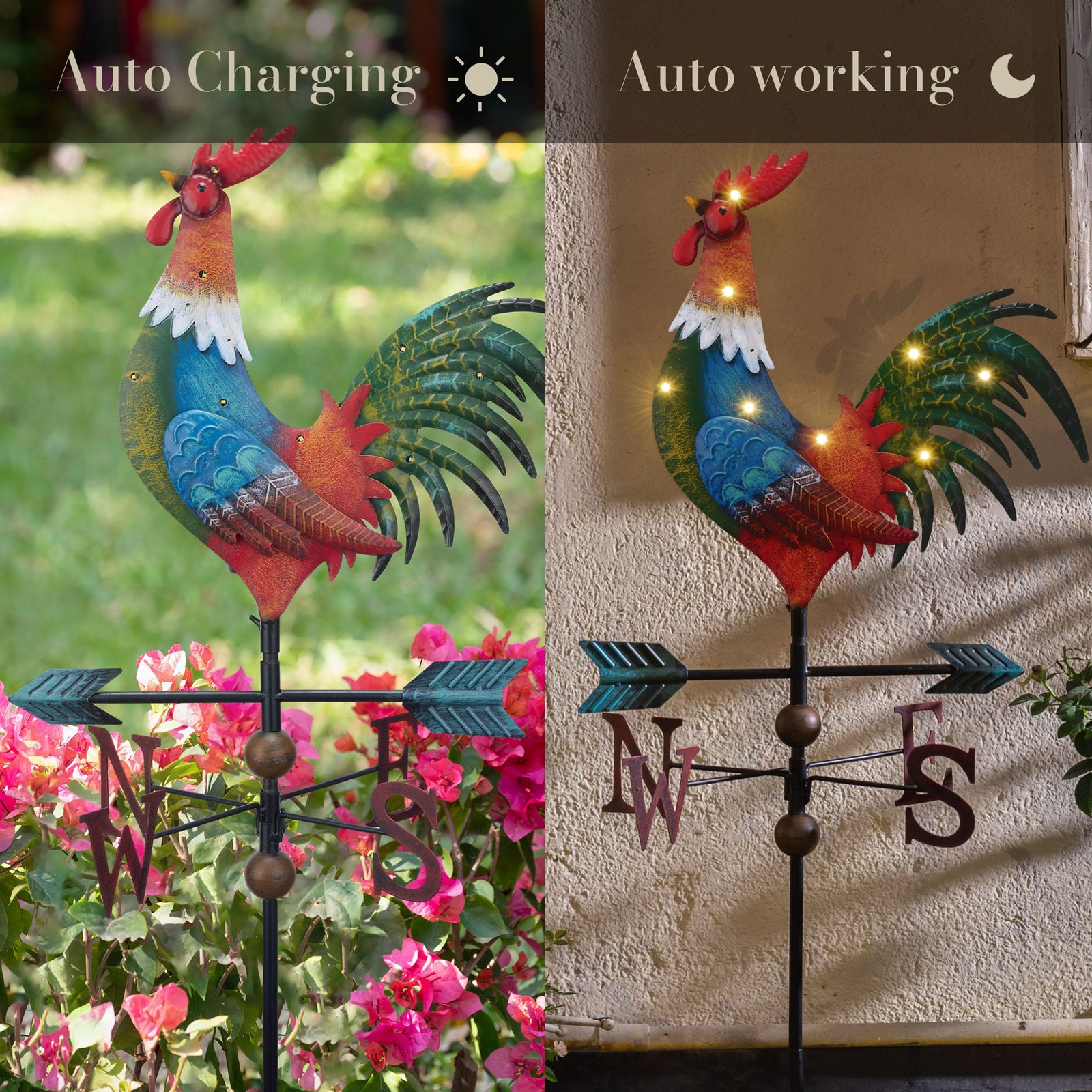 Garden Decor with Solar Outdoor Lights, Metal Rooster Weathervane Decorations…