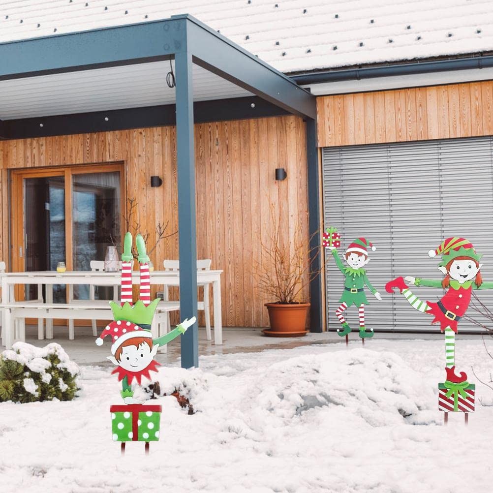 Christmas Elf Garden Stake – Holiday Yard Decoration – Christmas Metal Gnome …