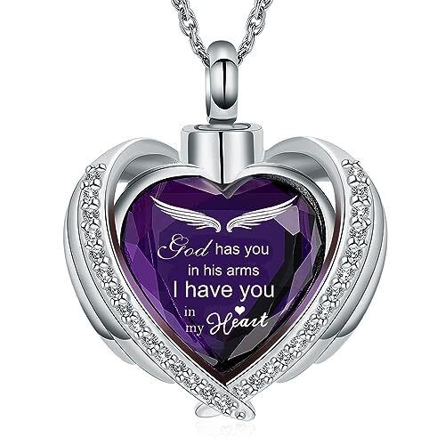 Cremation Heart Urn Necklace Ashes Jewelry for Women Men Wing-G Purple