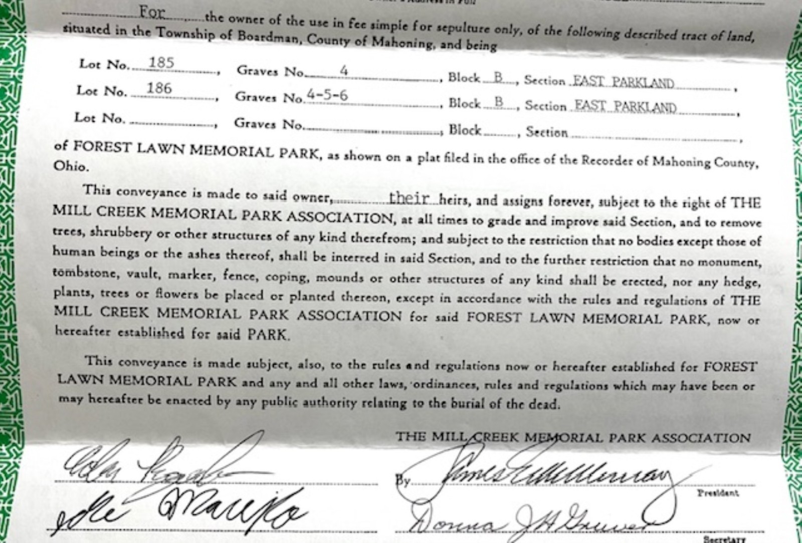 4 cemetery plots for sale Youngstown Boardman Twp Ohio Forest Lawn Cemetery