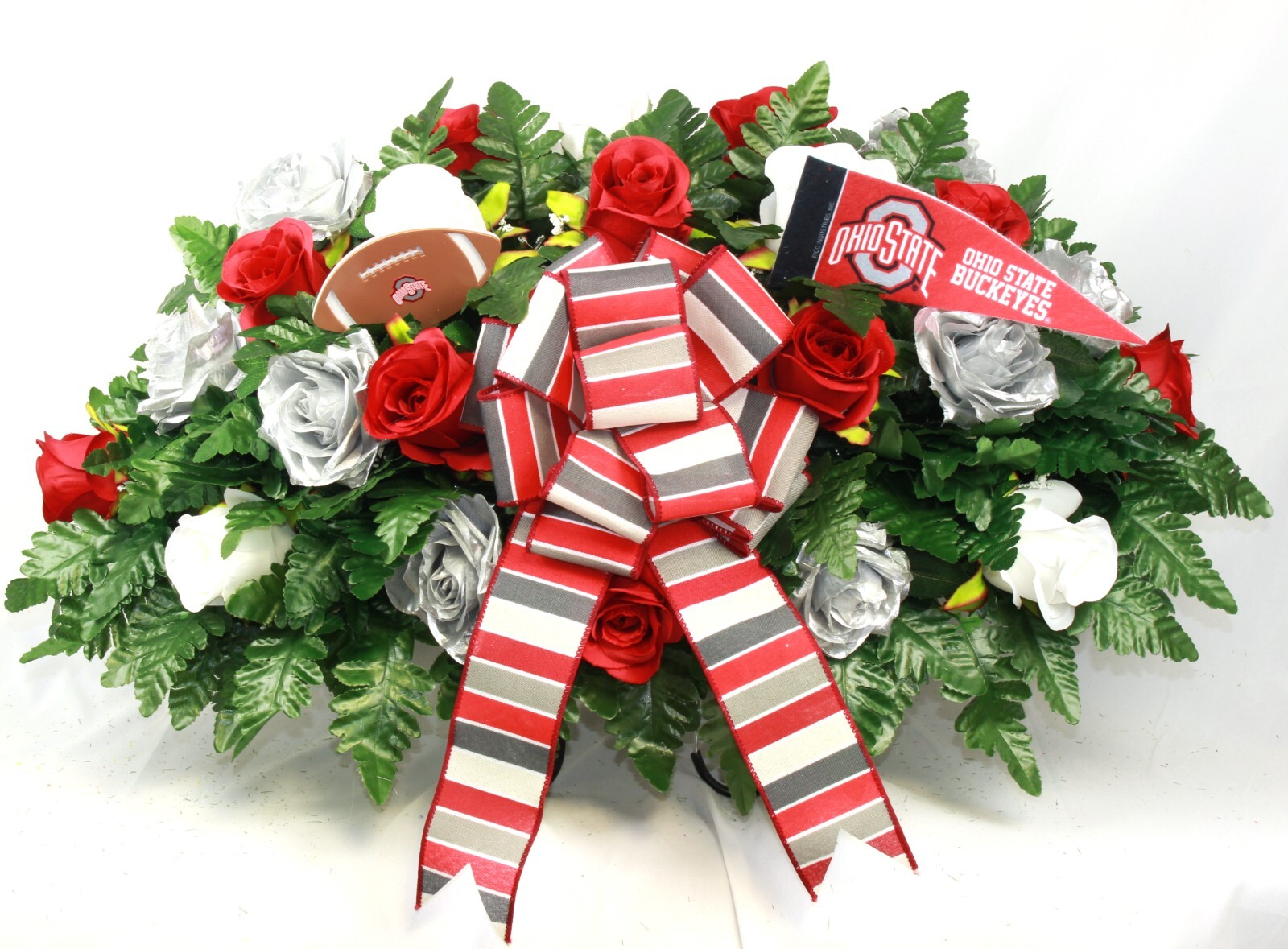 XL Handmade Ohio State Fan Cemetery Headstone Saddle Silk Flower Arrangement