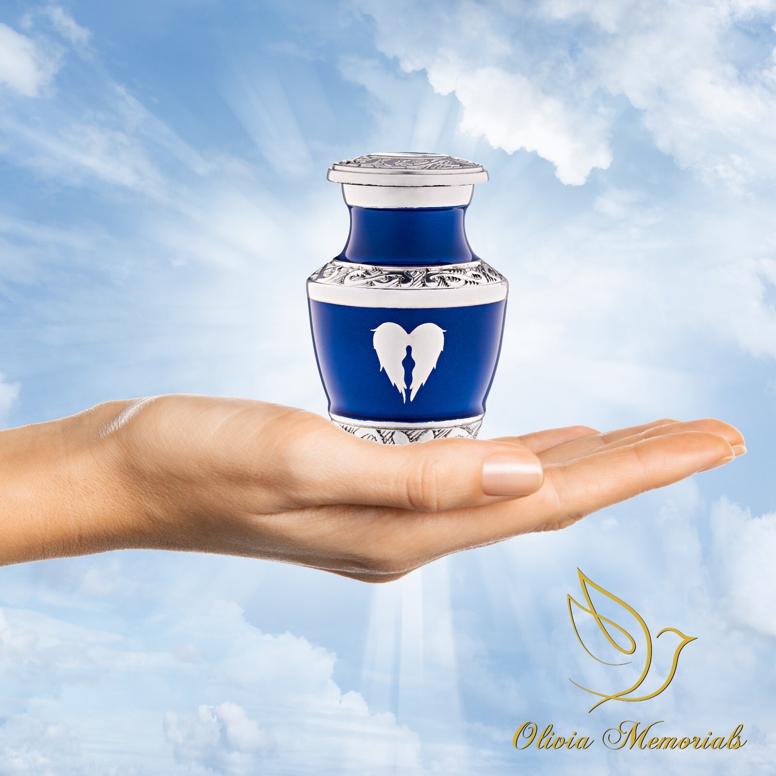 Small Blue Urn for Ashes Angel Wings – Blue Keepsakes Mini Urns with Heart
