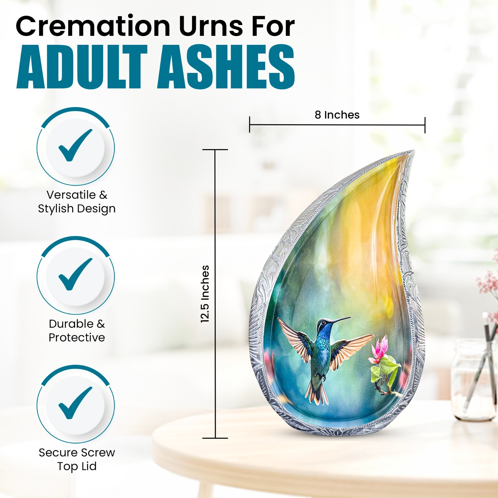 TOSENG Memorials Teardrop Urn for Ashes – Large Blue Hummingbird Cremation Urn