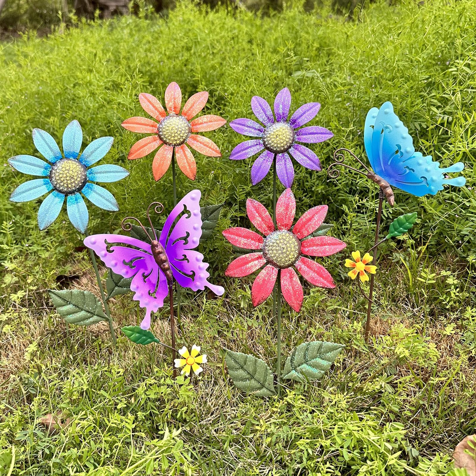 6Pack Metal Flowers for Outside，16.15 Inch Metal Flowers&Colorful Butterfly D…