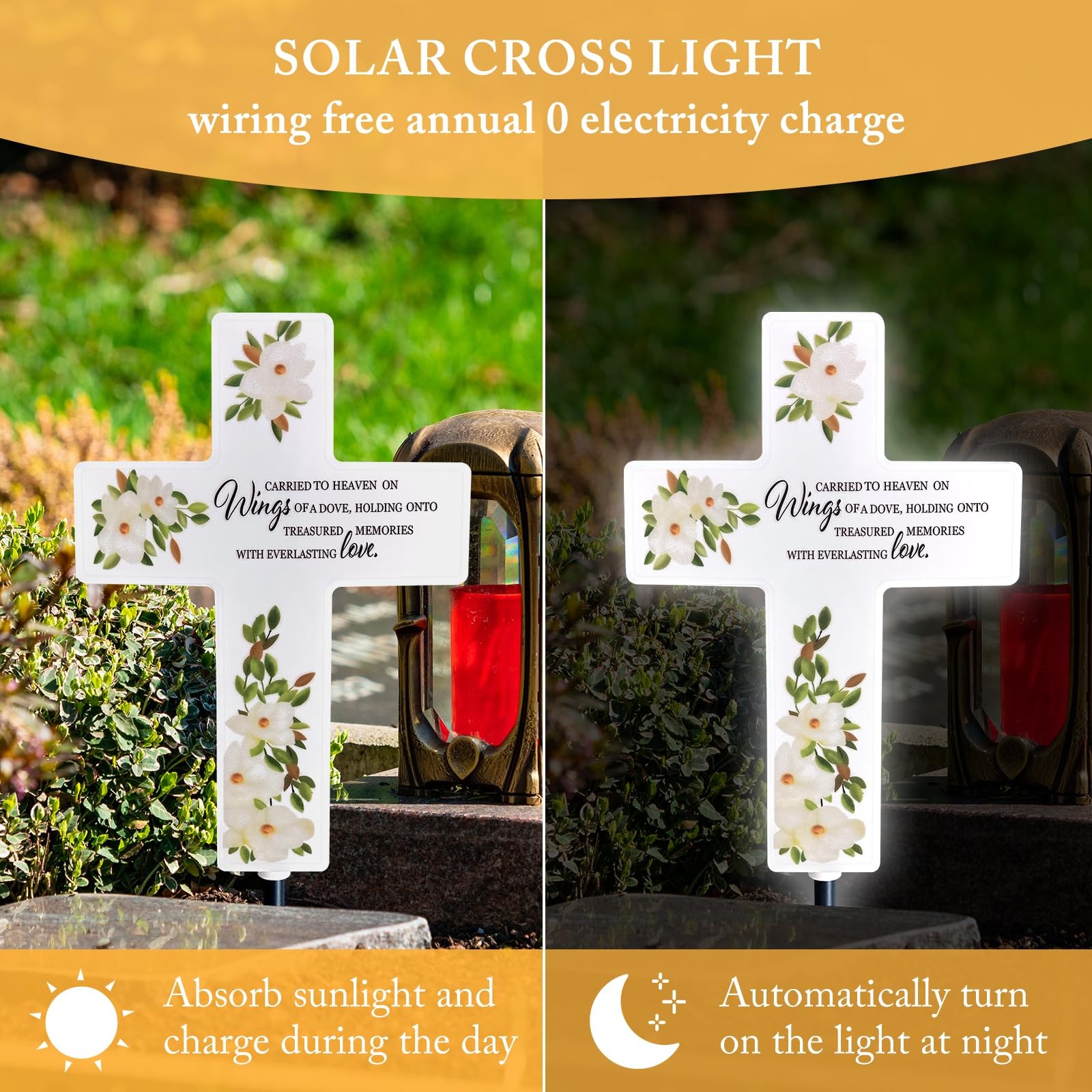 Solar Cross Light Cemetery Flower Cross Grave LED Light Outdoor Garden Memori…