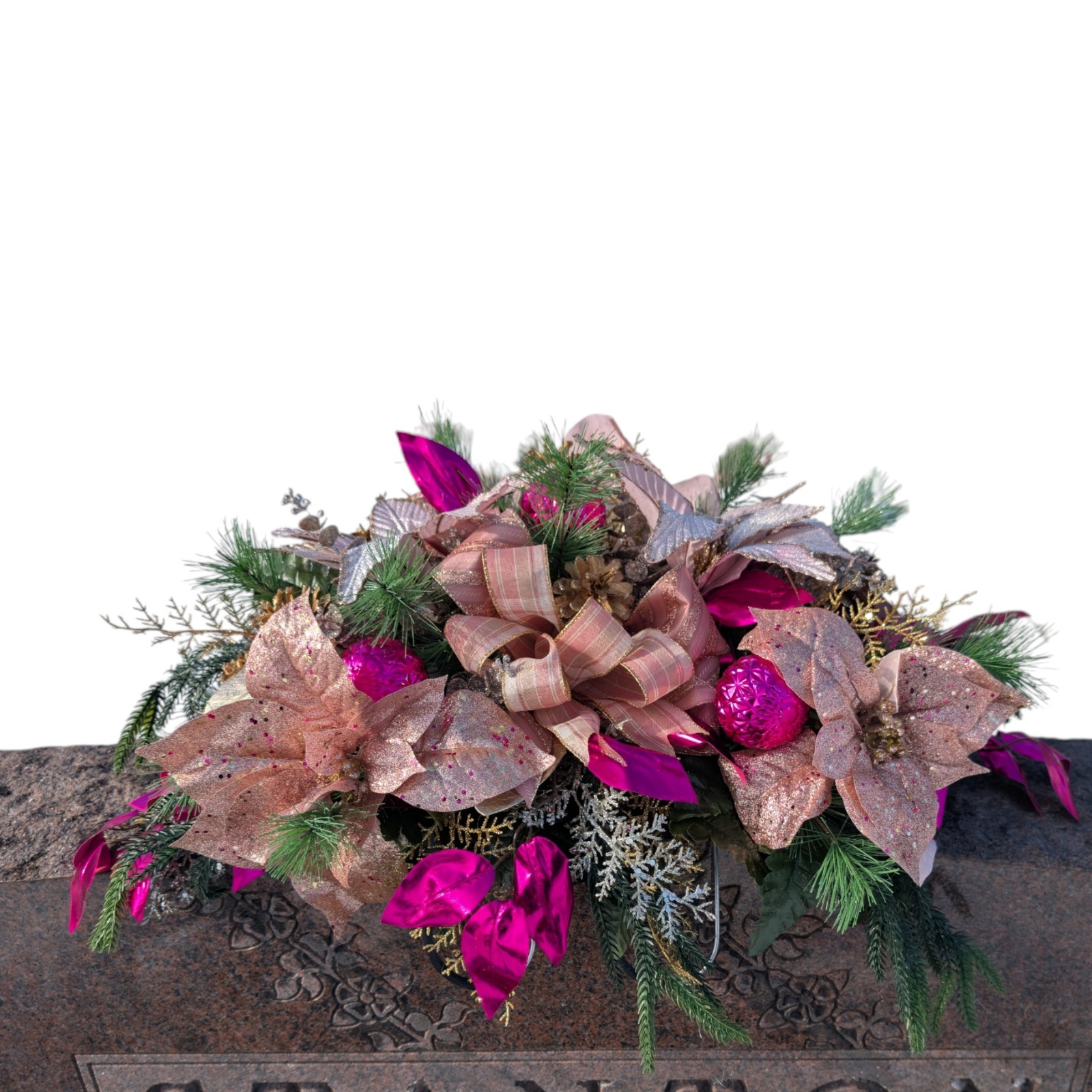Pink Platinum Christmas Grave Saddle-Glitzy Holiday floral arrangement