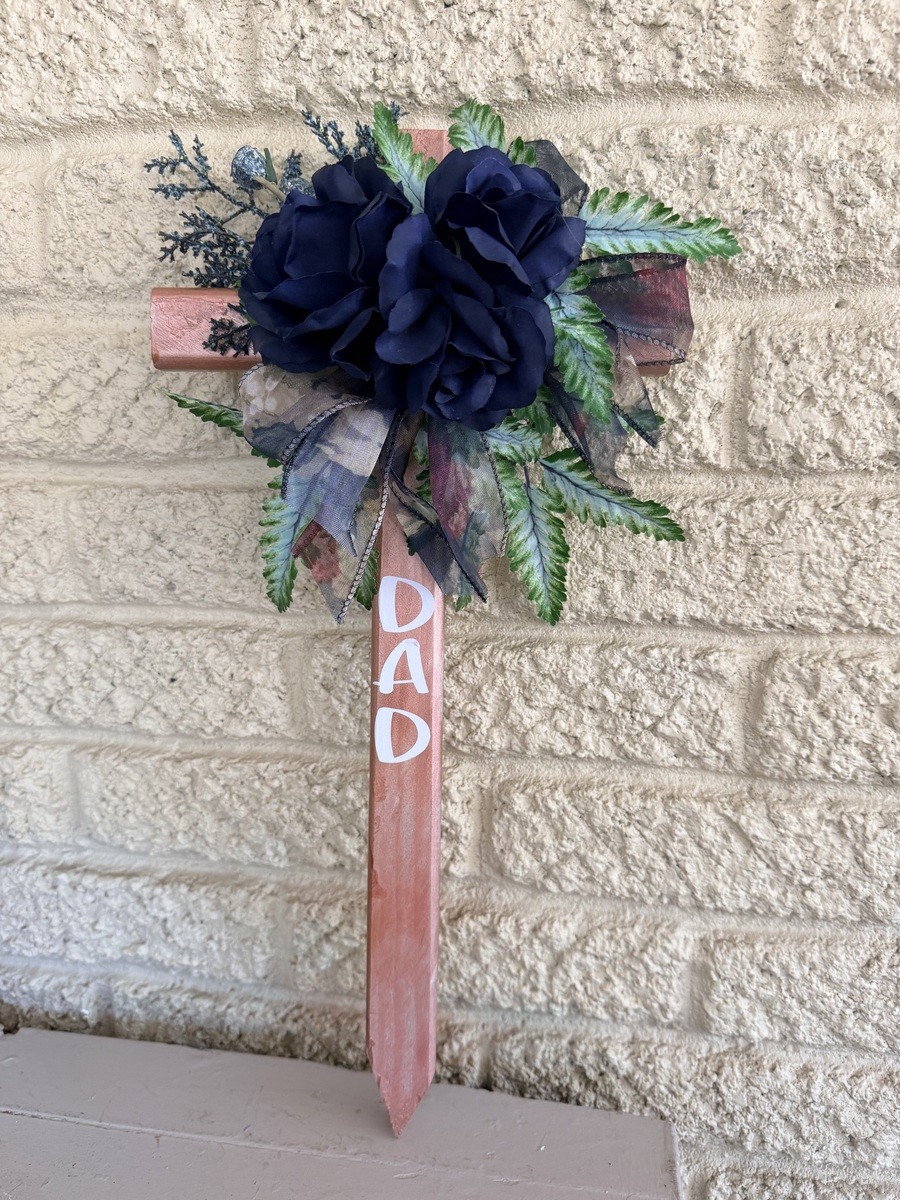 Hand-Painted Pine Cemetery Cross: Navy Blue Roses Dad Grave Decoration