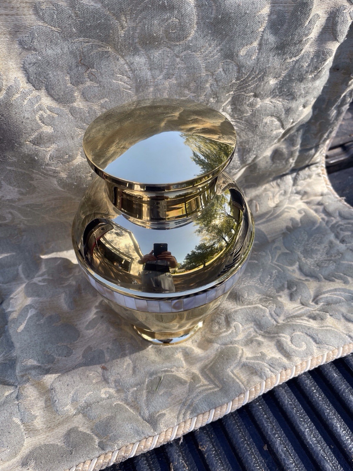 Polished Brass Mother Of Pearl Inlay Cremation Urn For Ashes