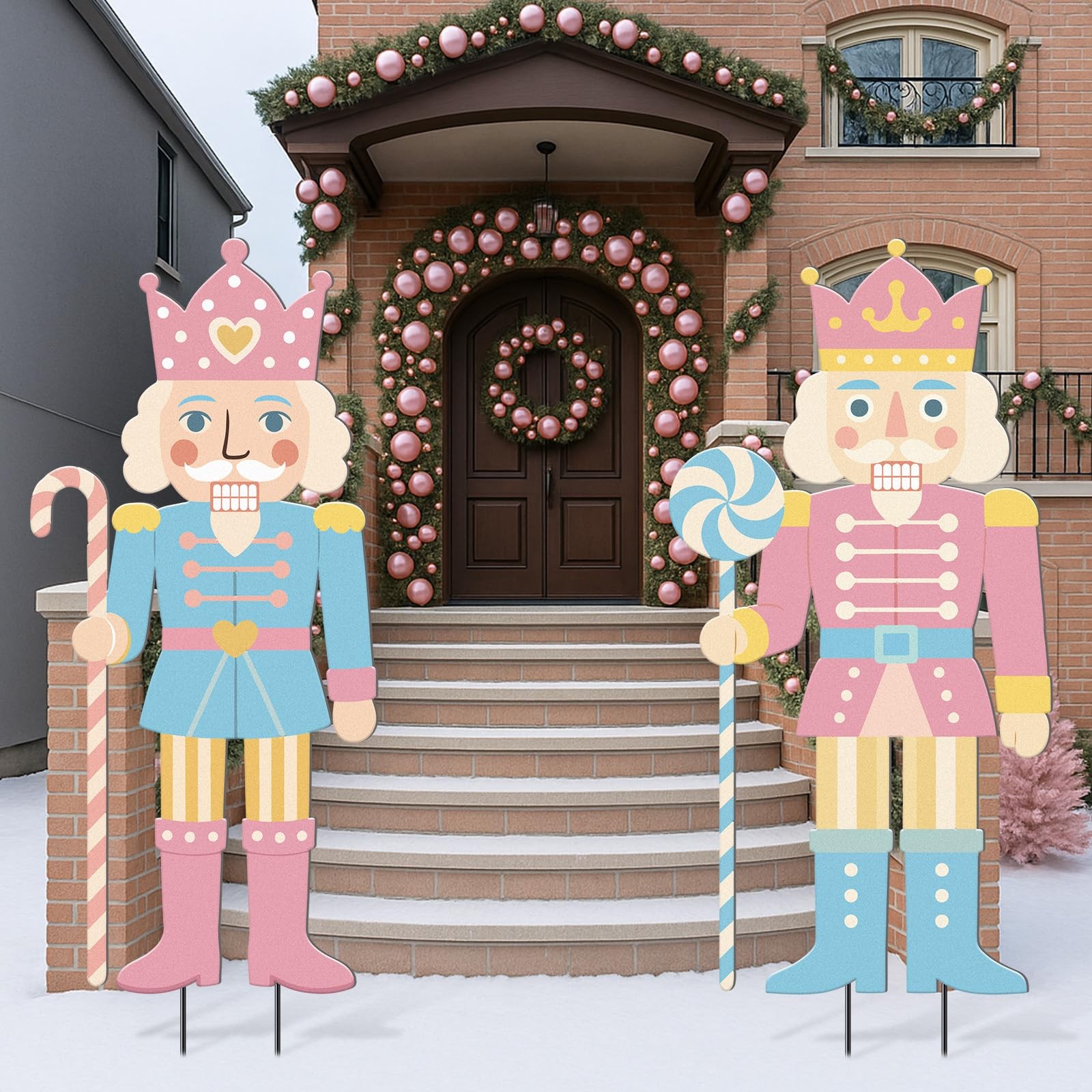 2 Pcs Pastel Christmas Nutcracker Yard Stake Candy Cane Metal 3D Outdoor Chri…
