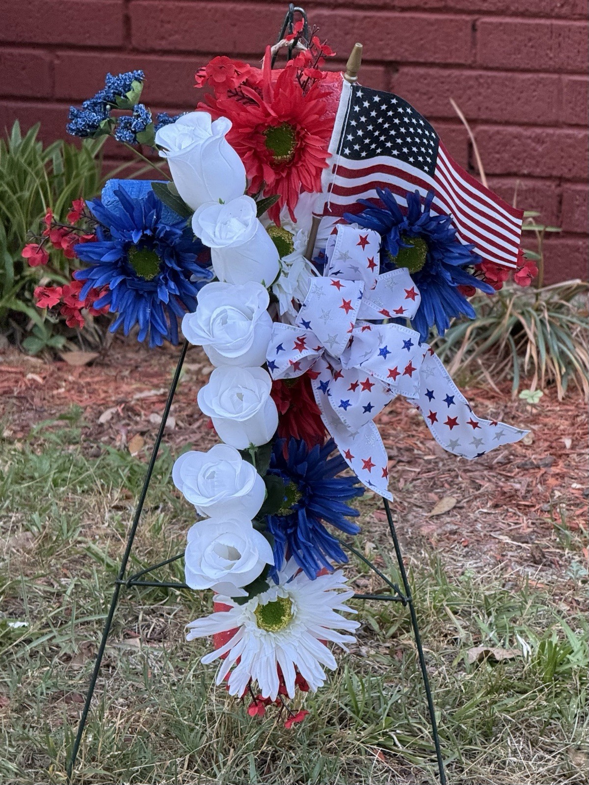 Cemetery Memorial Cross Silk Flower Arrangement Red, White & Blue