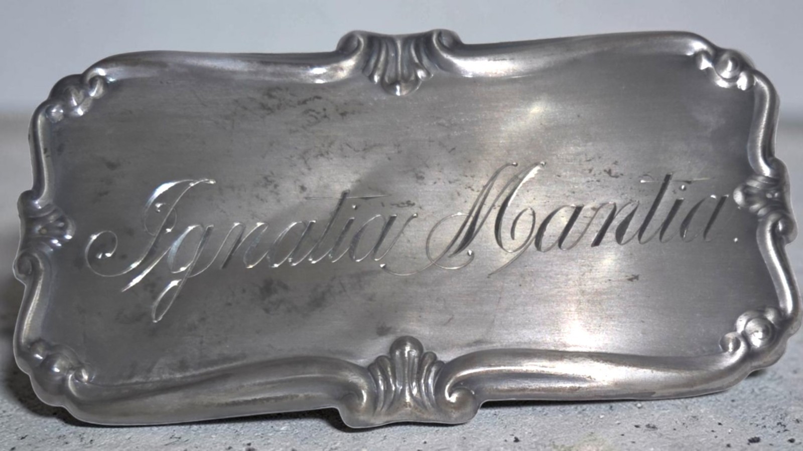 Victorian Casket Plaque Coffin Plate “IGNATIA MANTIA” Pewter 8 “X 4.50 “