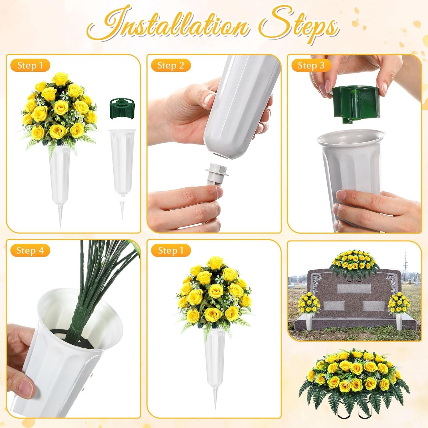 3 Pack Cemetery Flower Saddle Yellow Rose Memorial Grave Headstone Decor Set