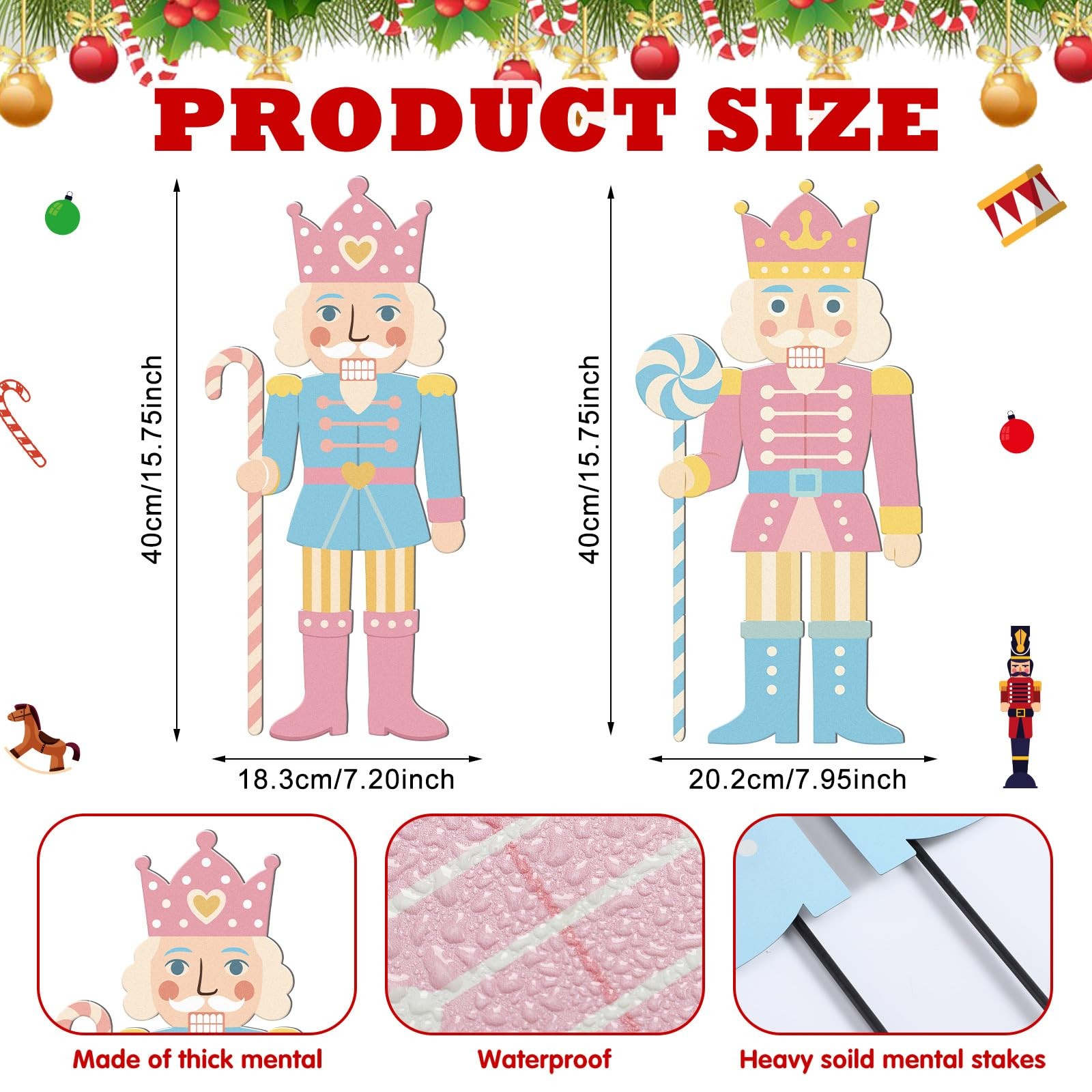 2 Pcs Pastel Christmas Nutcracker Yard Stake Candy Cane Metal 3D Outdoor Chri…