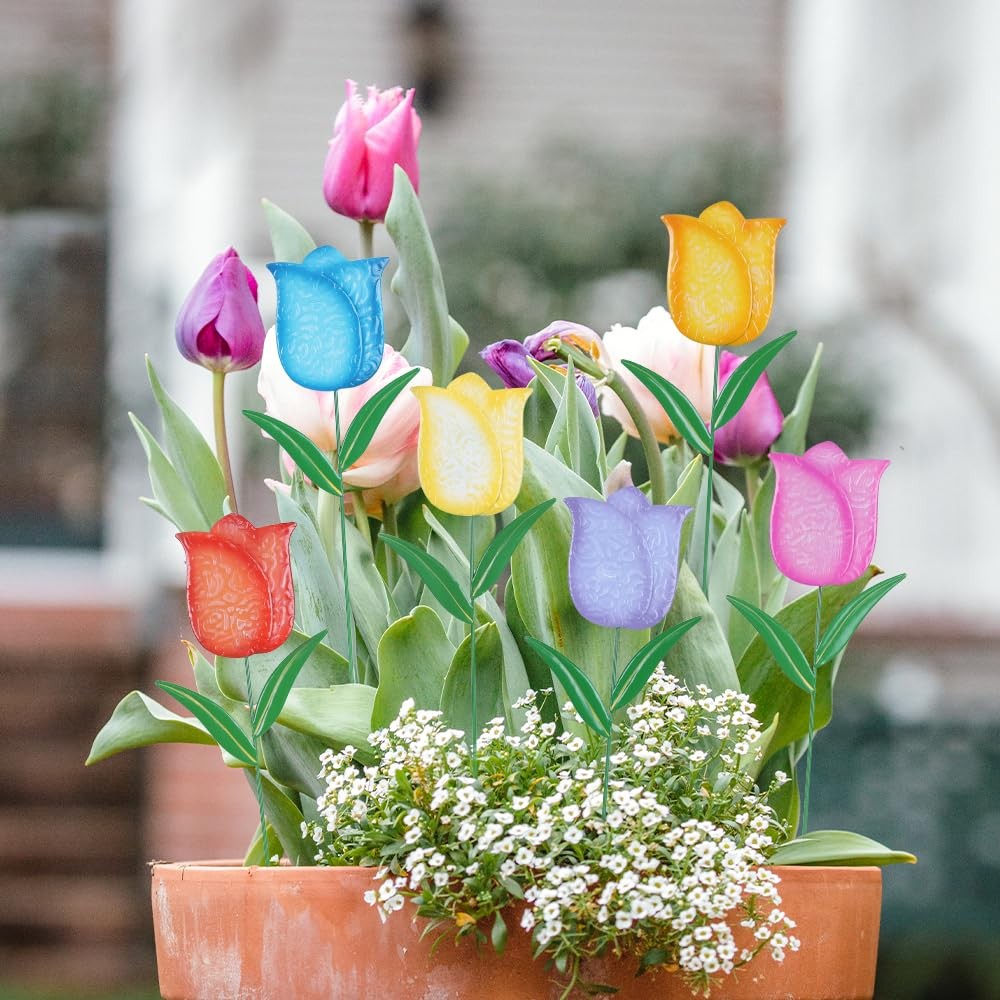 Garden Decor for Outside, Set of 6 Metal Tulip Flowers Decorative Garden Stak…