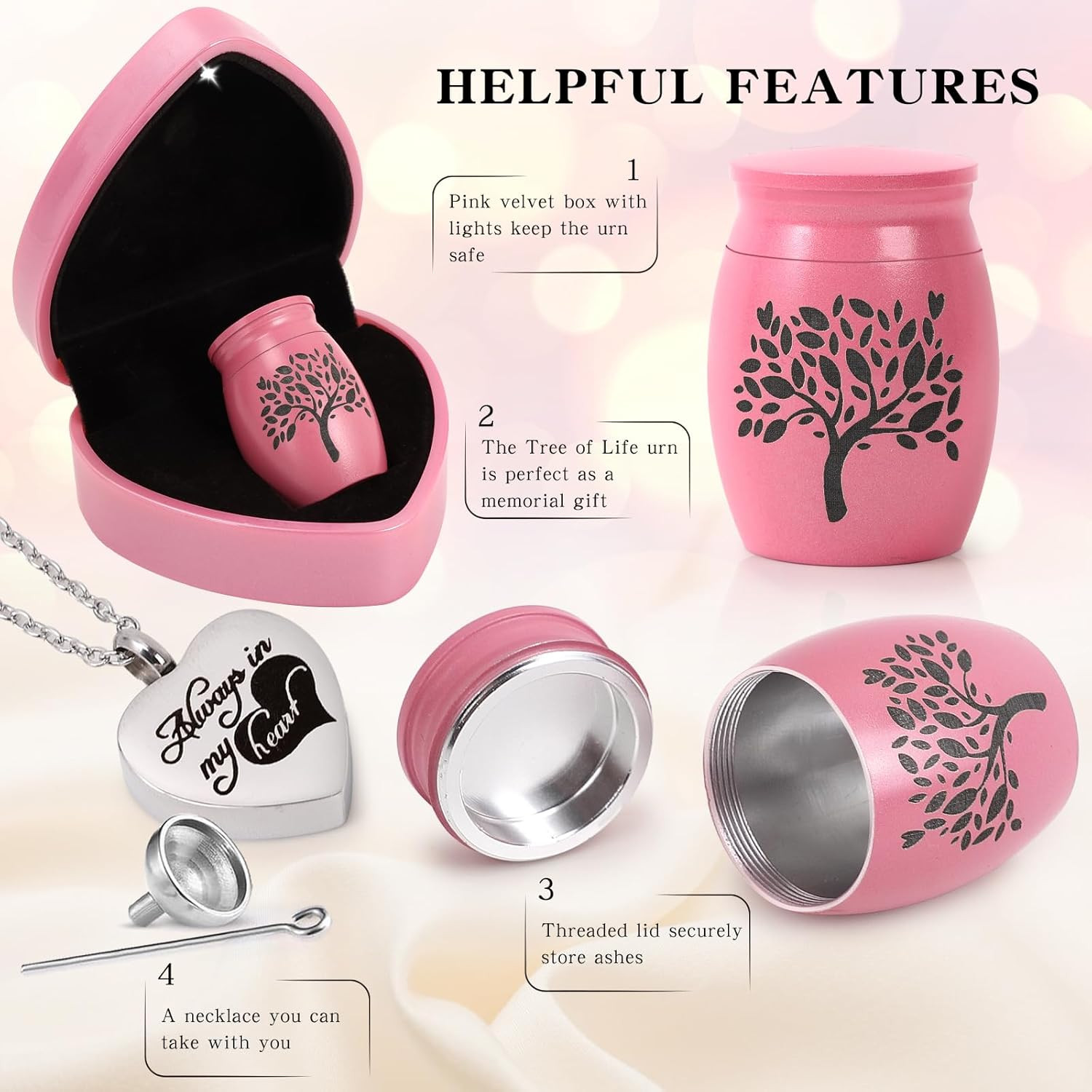 Small Urns for Human Ashes Keepsake – 1.6″ Pink Mini Cremation Urn w/Heart Box N
