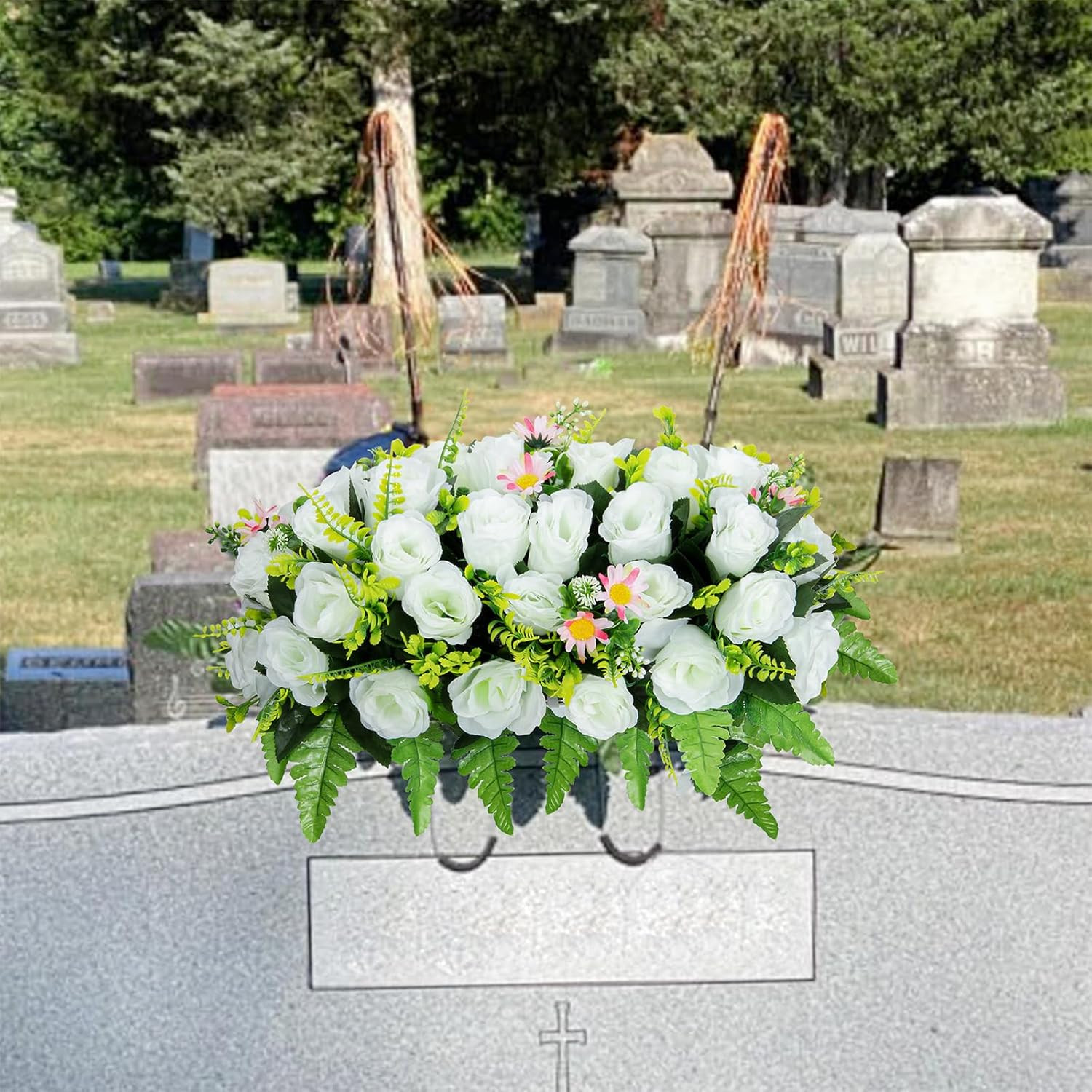 Artificial Headstone Flower Saddle, Cemetery Flowers for Grave, Cemetery Saddles