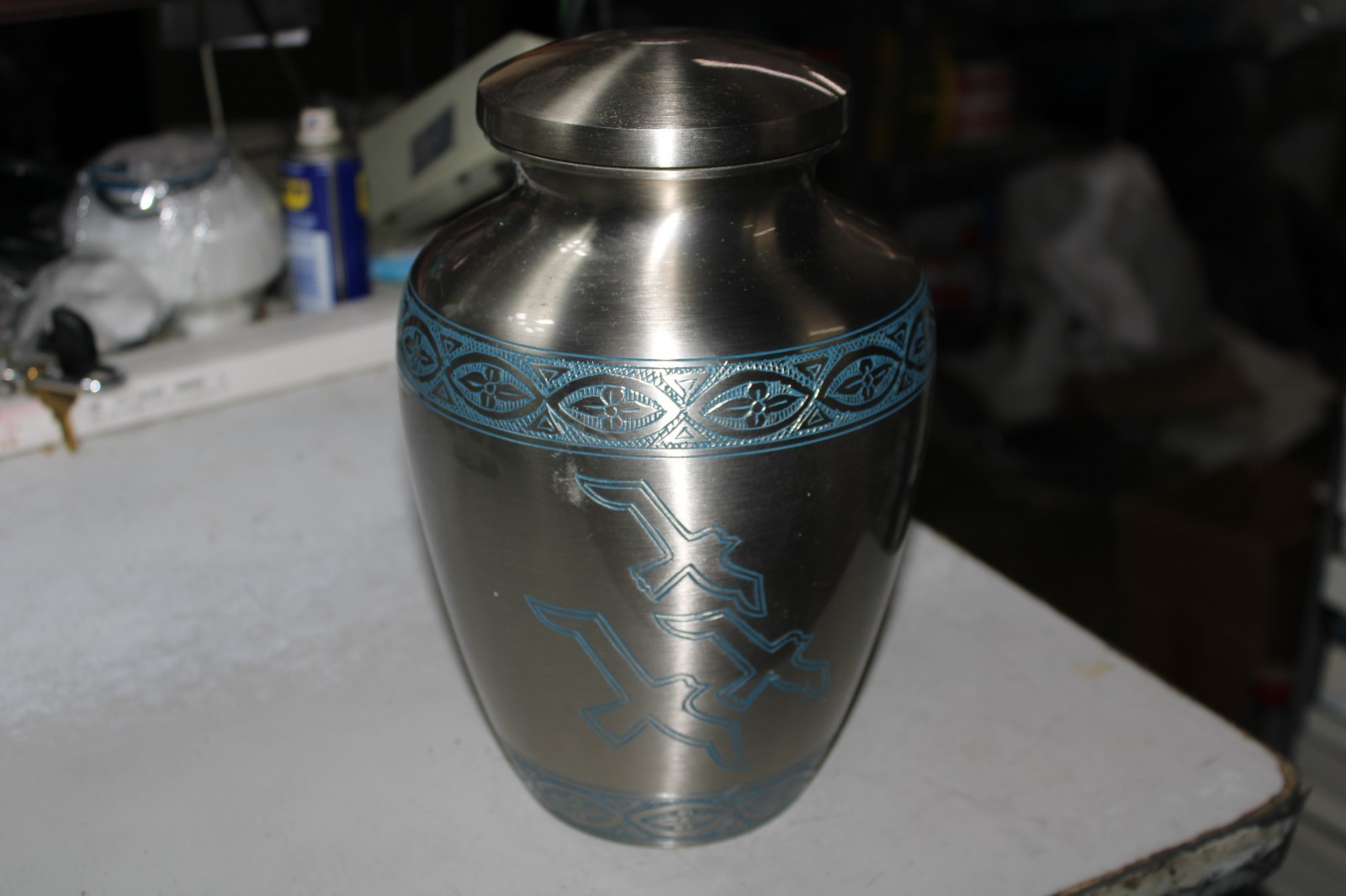 Delphia Wings Large Adult Cremation Urn for Human Ashes Blue Lines Stainless