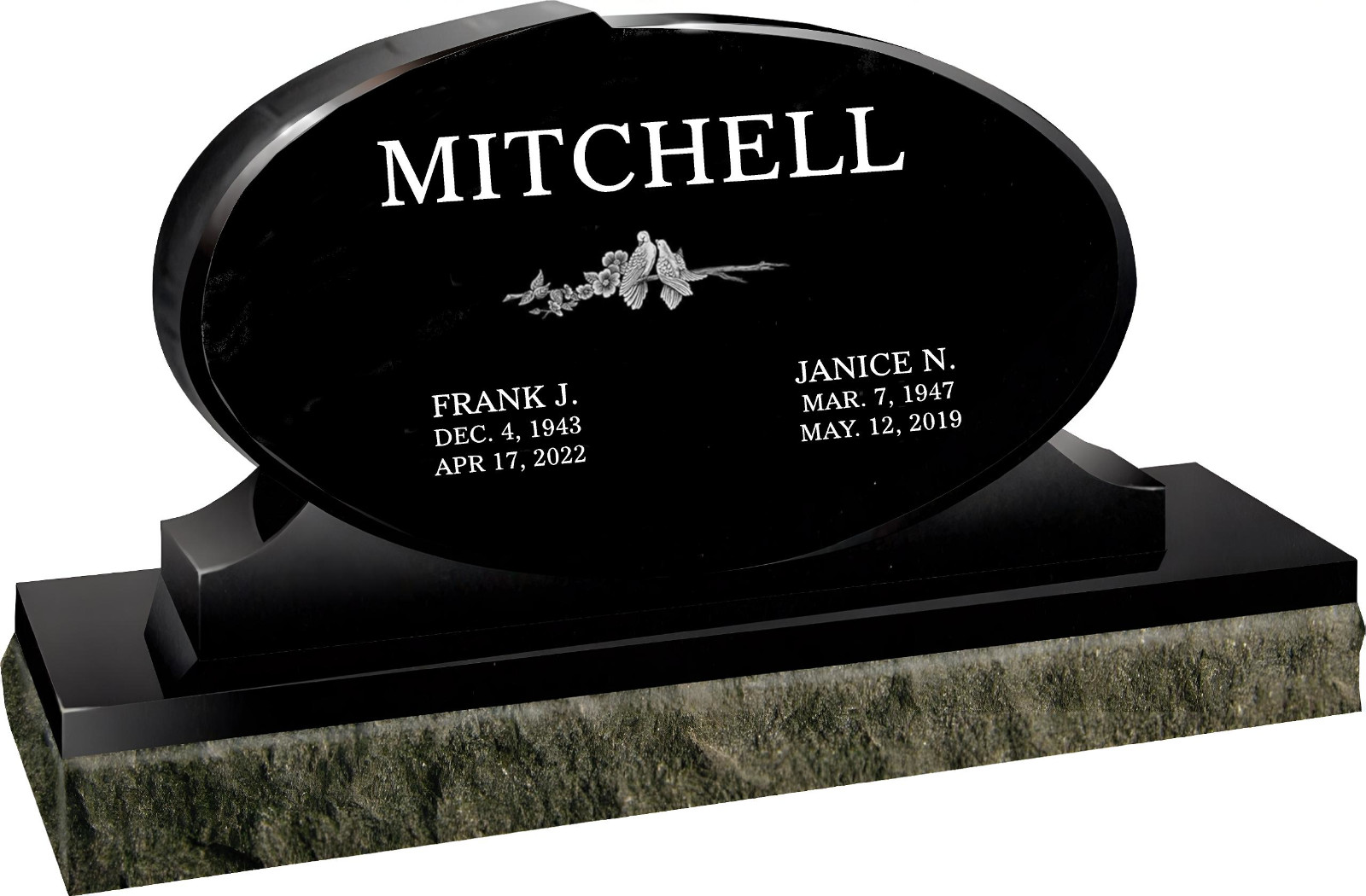 Cemetery headstone – oval – includes engraving- companion 2 names