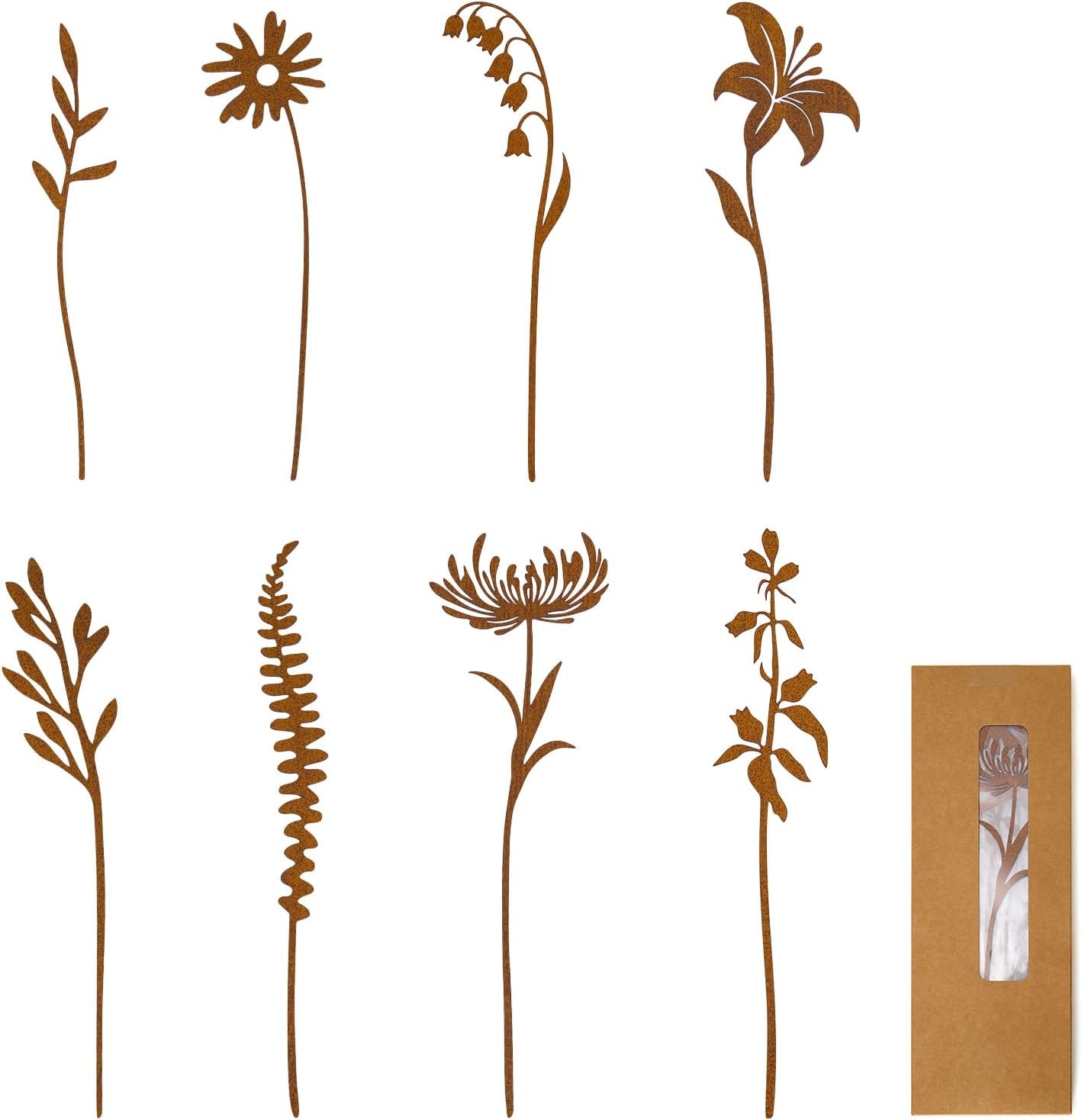 8-Piece Fern & Leaf Garden Stakes – Hand-Rusted Metal Plant Stakes Flower Beds