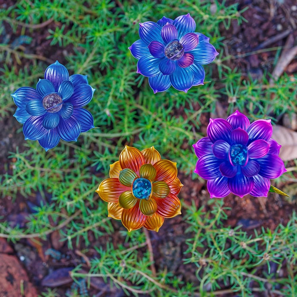 4 Pack Metal Flower Garden Stakes for Outdoor Patio and Lawn Decor