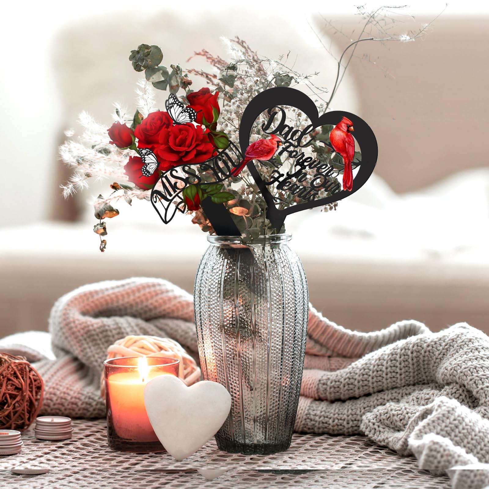 Father’s Day Grave Decorations 2 Pcs Metal Rose Memorial Markers for Dad