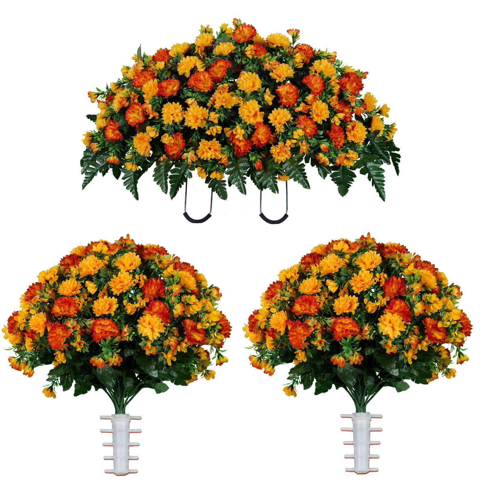 Artificial Cemetery Flowers – Sunset Orange Garden Mums Saddle and 2 Bouquets