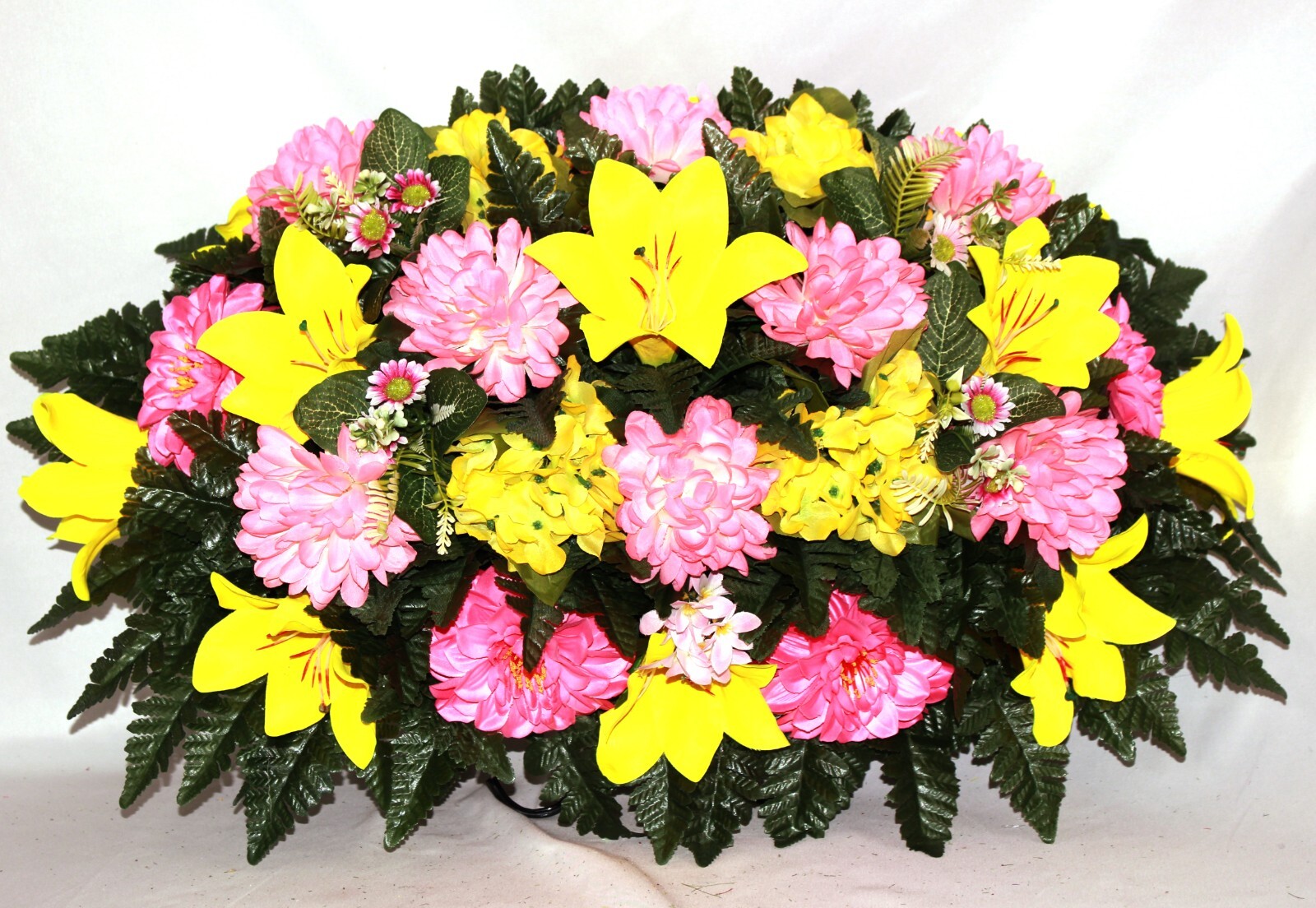 XL Handcrafted Yellow Lily and Pink Mum Cemetery Saddle Flower Arrangement
