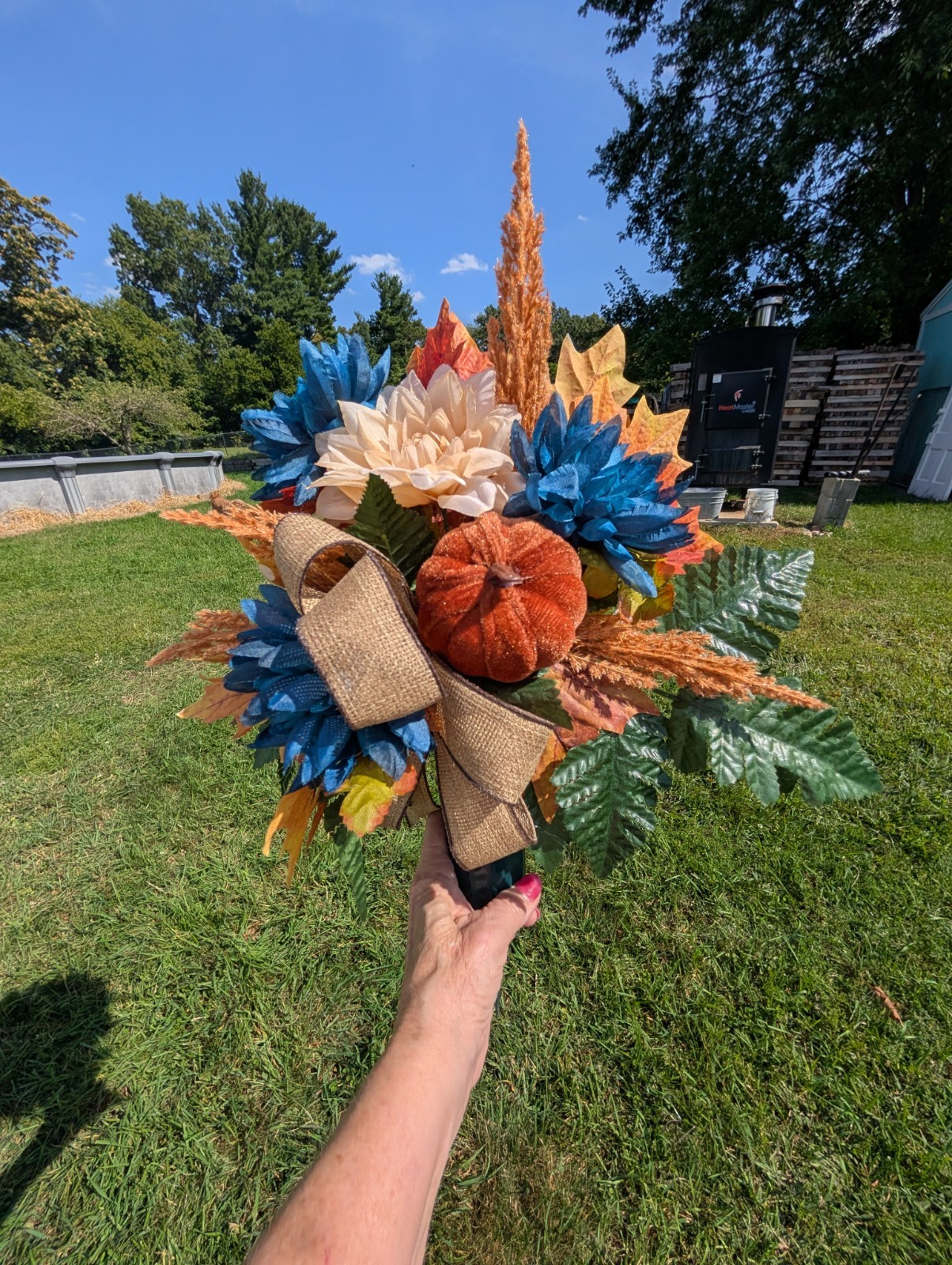 Fall Rust and Blue Cemetery Vase cone arrangement- Autumn florals
