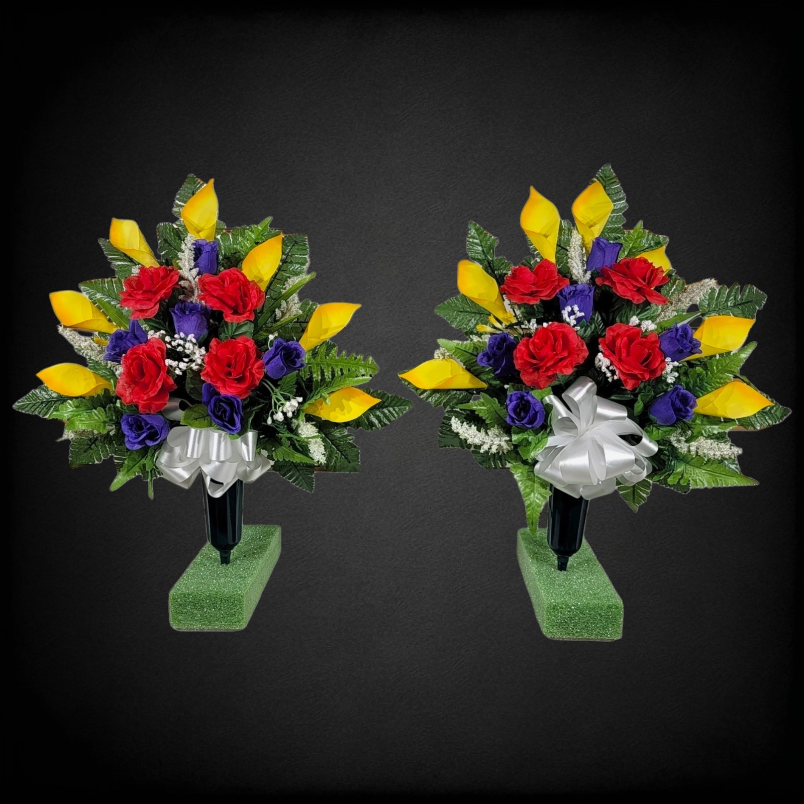 Red, Purple, & Yellow Calla Lily & Rose Cemetery Cone Pair