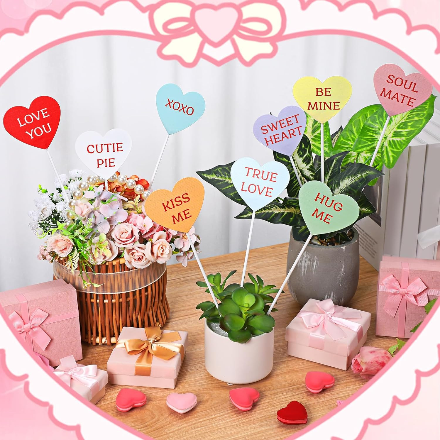 9 Pcs Valentine’S Day Conversation Metal Heart Garden Stakes Candy Heart Planter