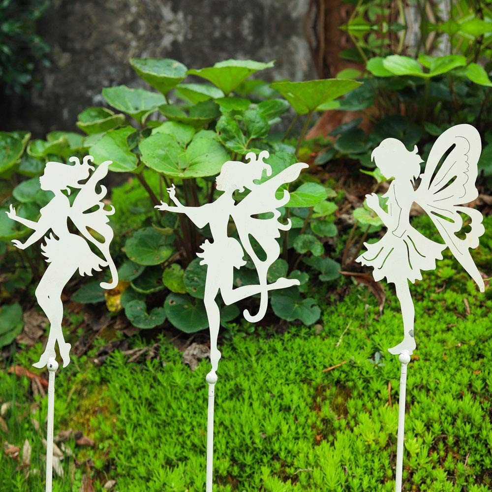 3PC Shabby Chic White Thick Metal Fairies Stakes, 28 Inch Tall Large Angel St…