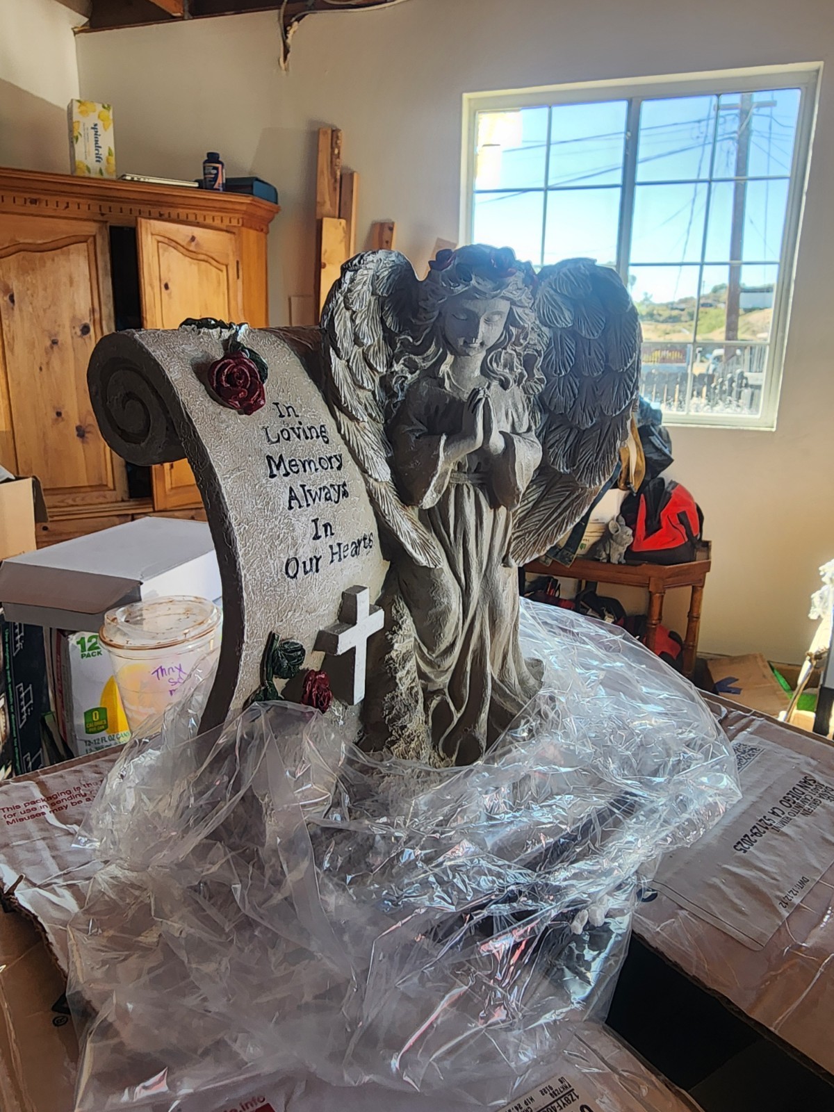 Angel Memorial Statue with Cross and ‘In Loving Memory Always In Our Hearts’
