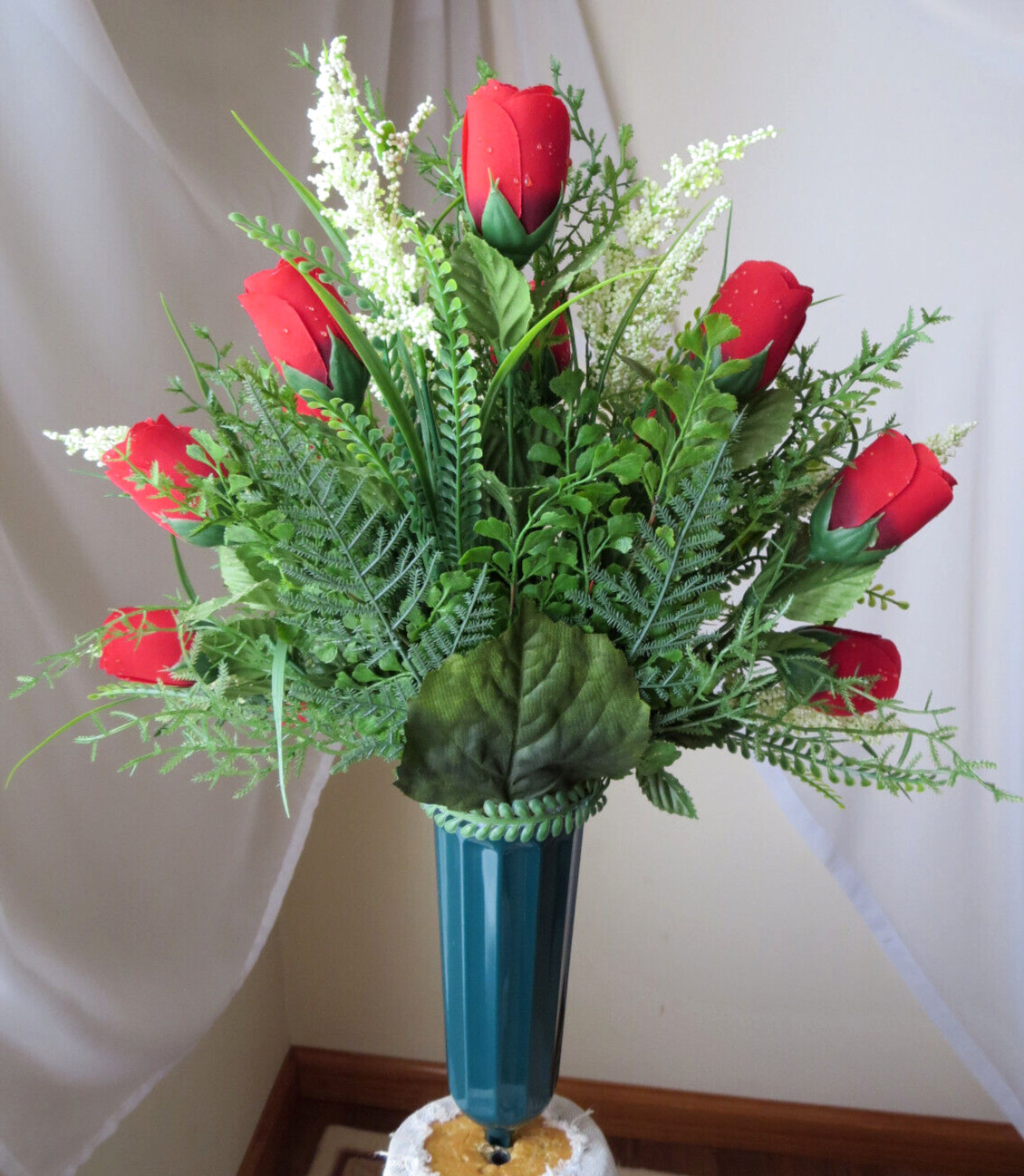 MEMORIAL CEMETERY GREEN VASE ARTIFITIAL FLORAL ARRANGEMENT 18″x 14″ NEW