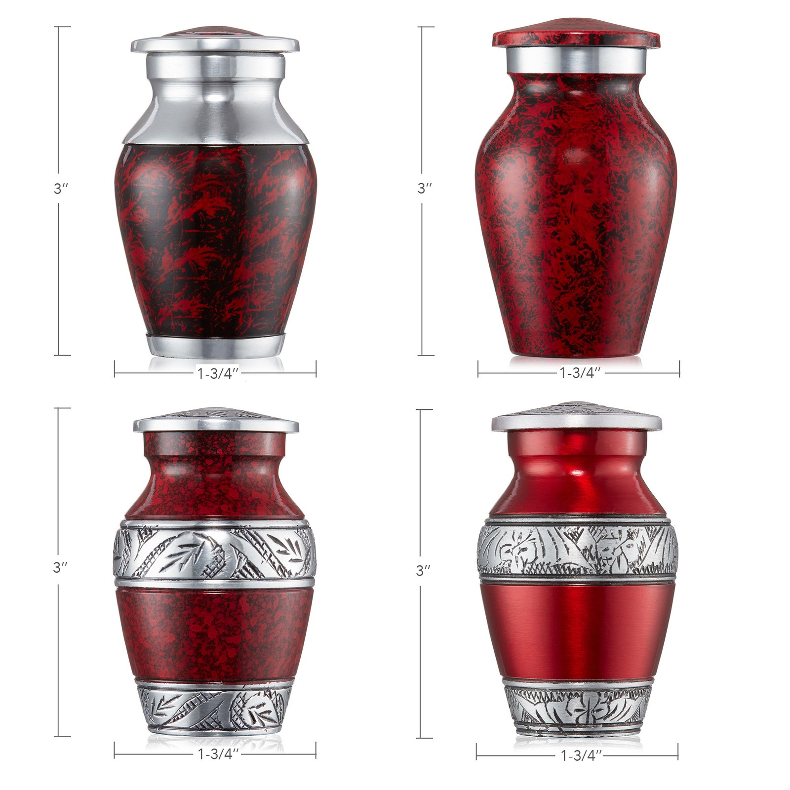 Set of 4 Cremation Urns for Human Ashes, Silver Red Keepsake with Velvet Case