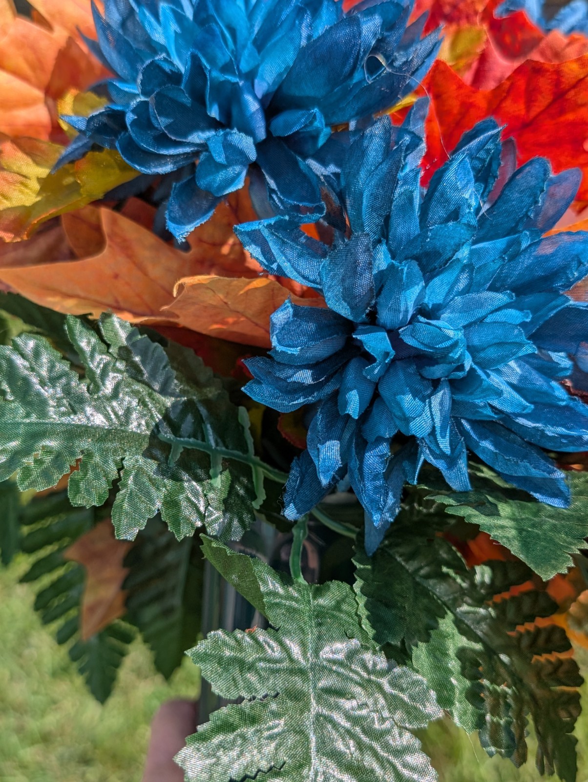 Fall Rust and Blue Cemetery Vase cone arrangement- Autumn florals